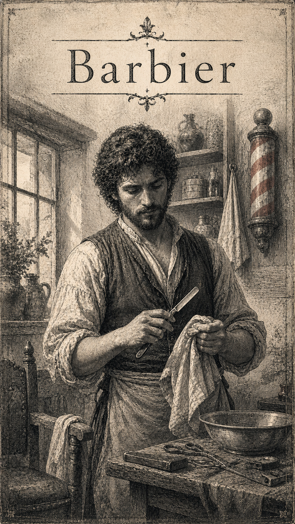 Barbier — gravure d’un barbier dans son atelier