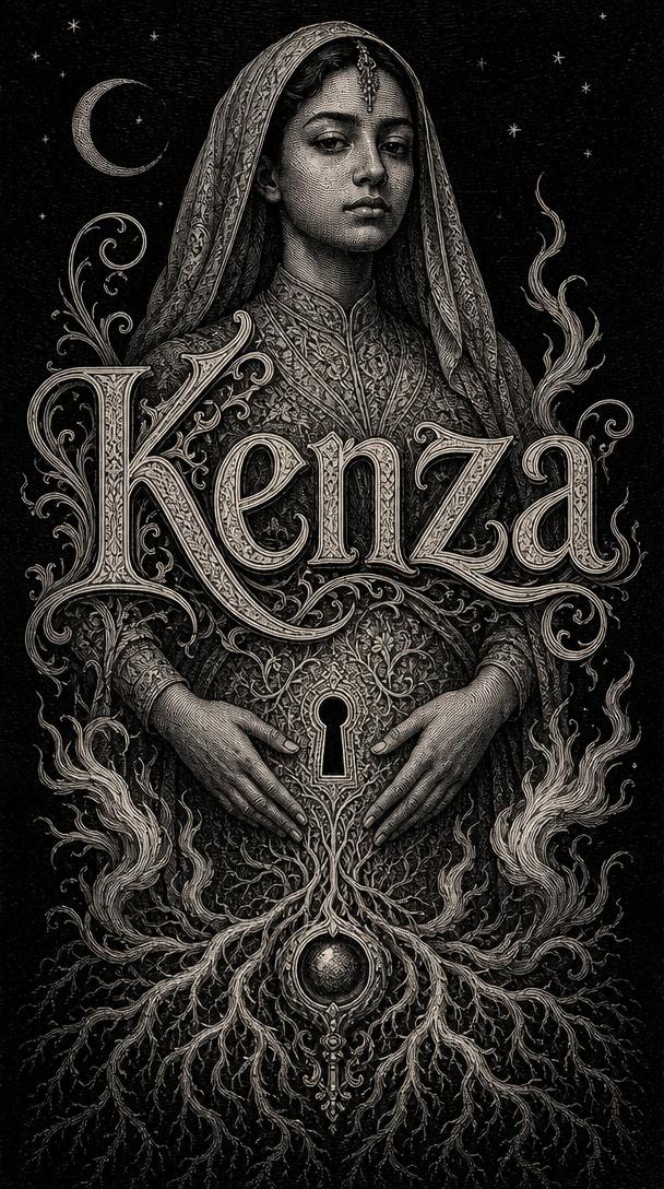 Kenza — illustration gravée : femme voilée, mains sur le ventre, trou de serrure et racines vers un joyau