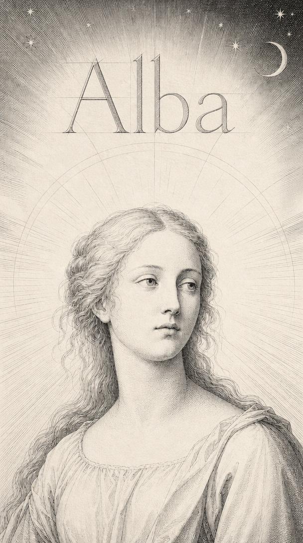 Signification du prénom Alba — gravure : l'aube rayonnante sous le croissant de lune