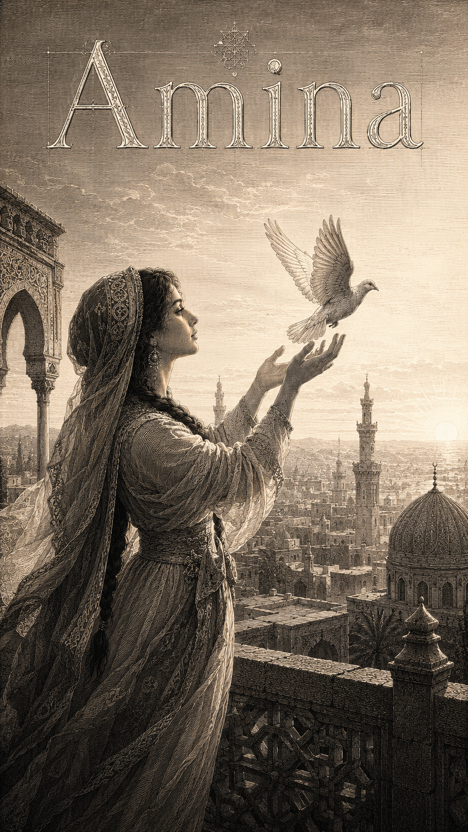 Signification du prénom Amina — gravure : la femme voilée libérant une colombe au-dessus de la ville, au soleil levant