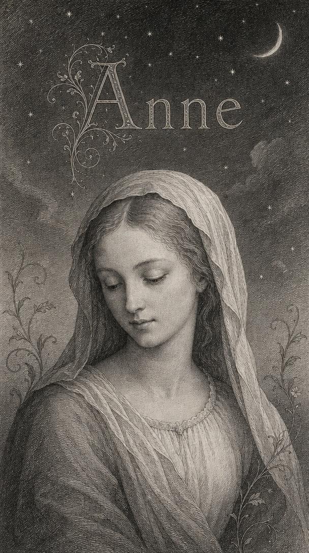 Signification du prénom Anne — gravure : la grâce sous le voile, au croissant de lune
