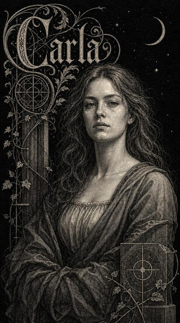 Signification du prénom Carla — gravure : la femme au regard droit sous le croissant de lune, entre la vigne et les figures géométriques