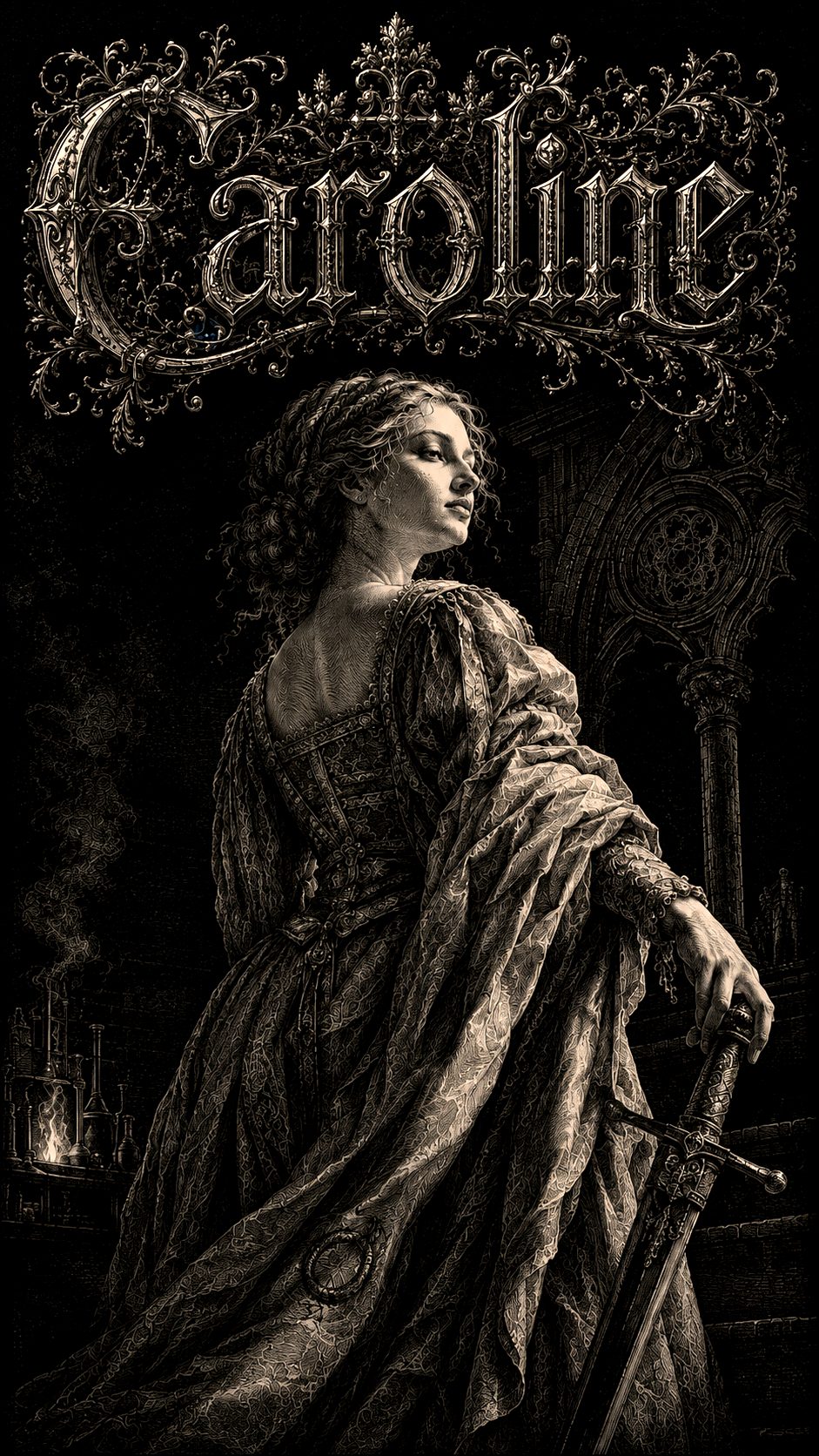 Illustration gravée du prénom Caroline