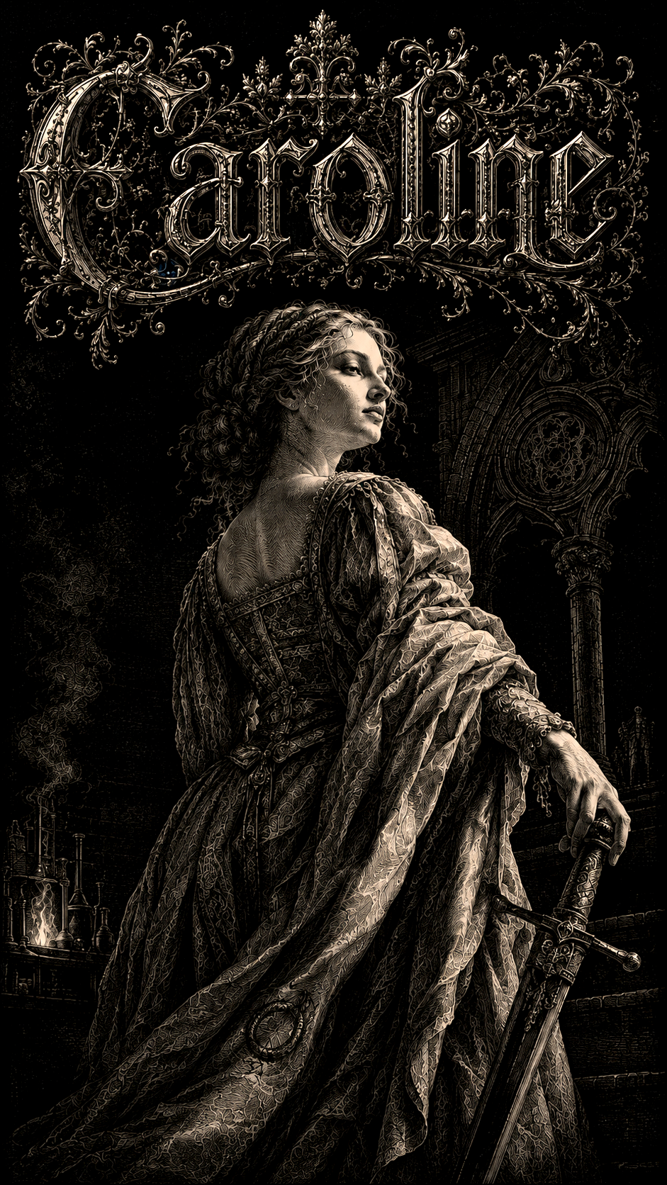 Illustration gravée du prénom Caroline