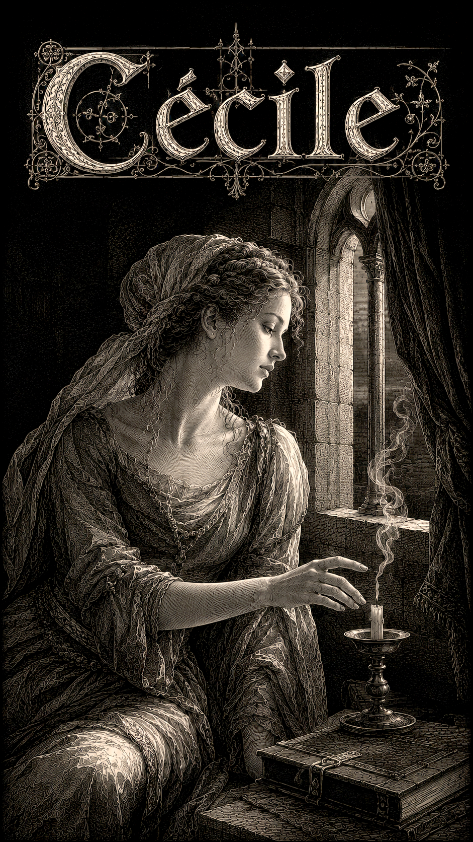 Signification du prénom Cécile — gravure : la femme à la chandelle devant la fenêtre gothique, la fumée montant dans la pénombre