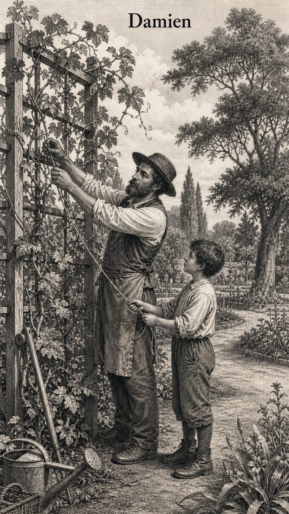 Illustration gravée du prénom Damien