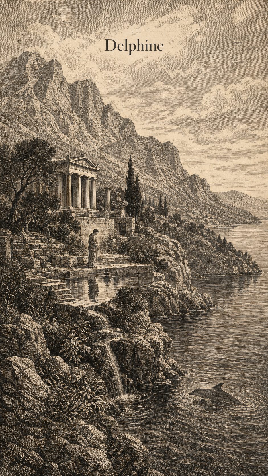 Illustration gravée du prénom Delphine