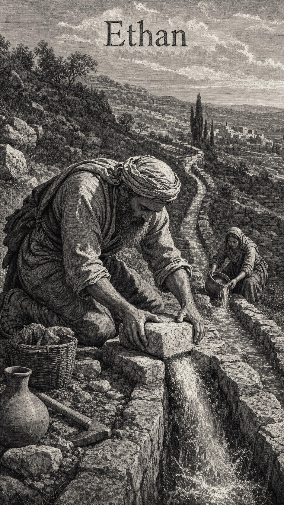 Illustration gravée du prénom Ethan