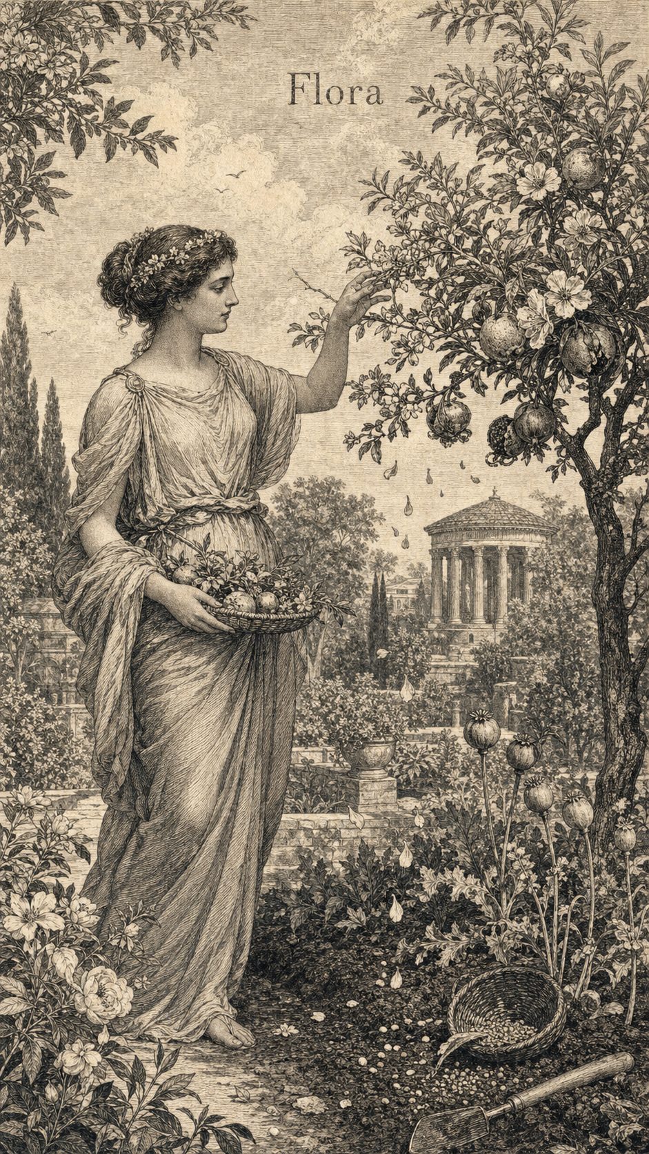 Illustration gravée du prénom Flora