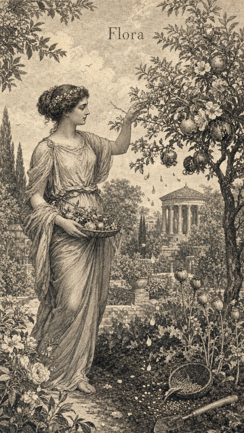 Illustration gravée du prénom Flora