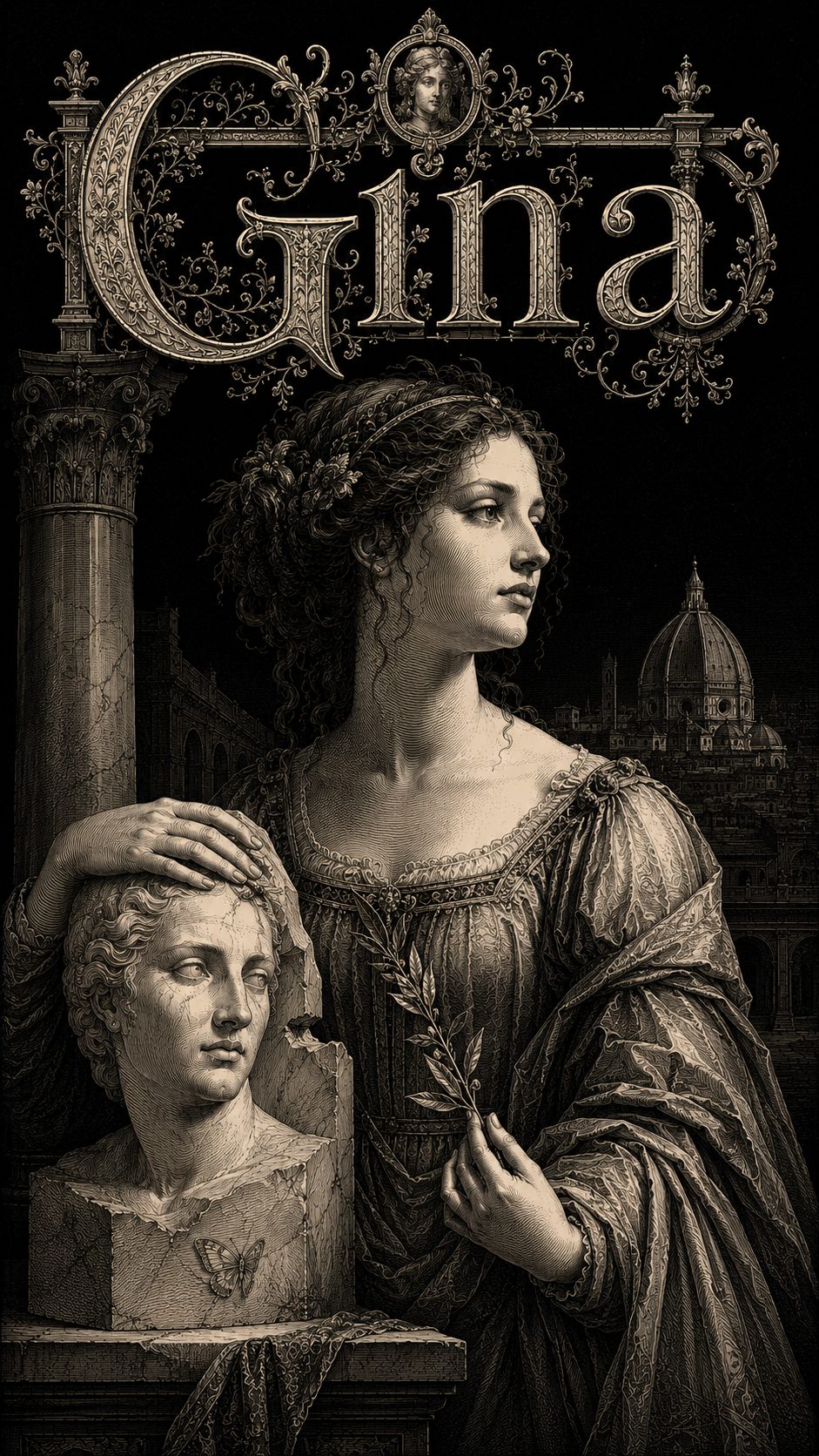 Illustration gravée du prénom Gina