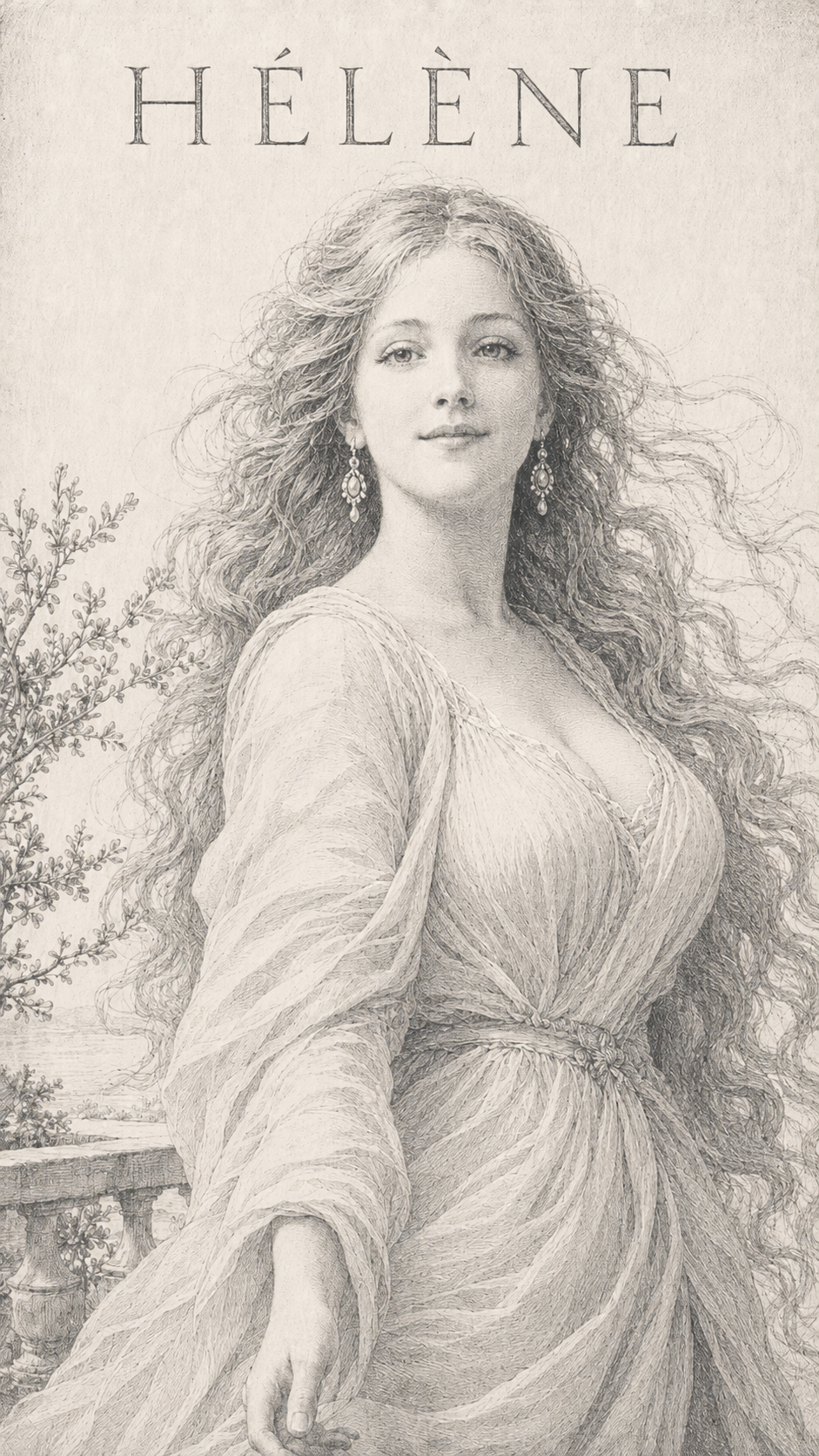 Signification du prénom Hélène — gravure : jeune femme aux longs cheveux ondulés, robe drapée antique, sur une terrasse au bord de l'eau