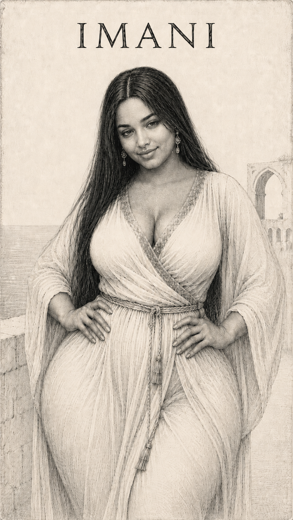 Signification du prénom Imani — gravure : jeune femme au drapé clair, mains posées à la taille, devant une arche mauresque au bord de la mer