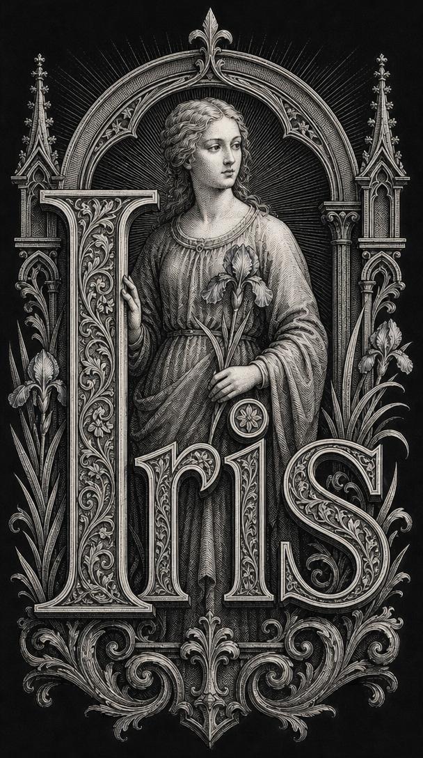 Signification du prénom Iris — gravure : la messagère à l'iris, sous l'arche gothique
