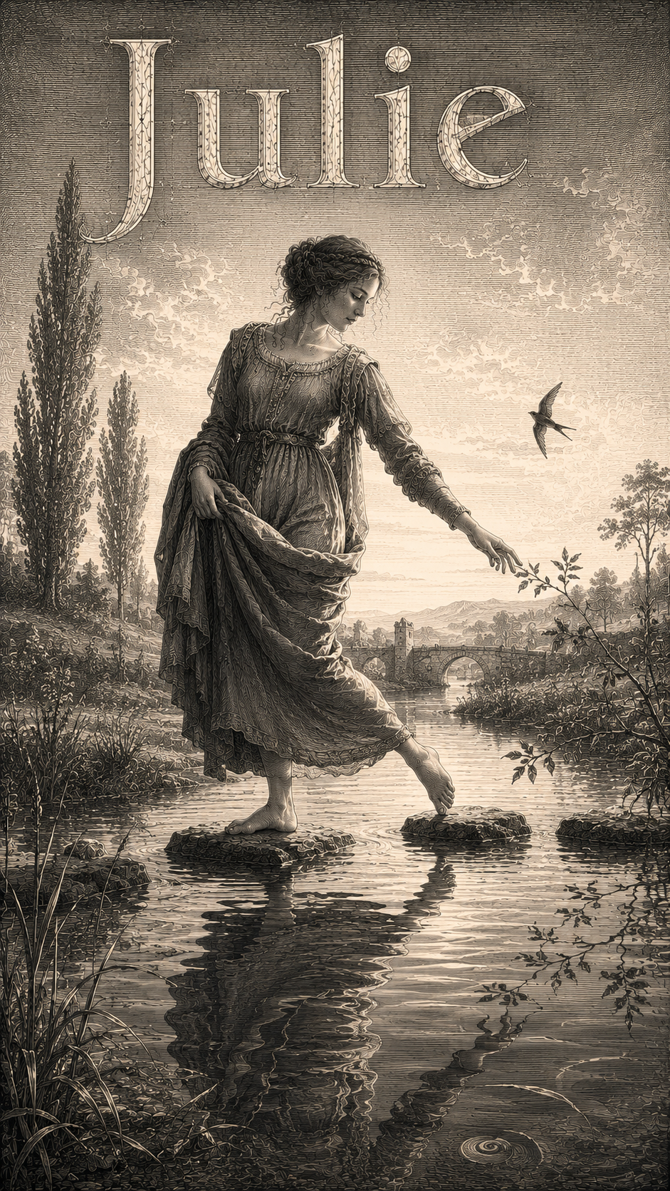 Signification du prénom Julie — gravure : la jeune femme traversant la rivière de pierre en pierre, l'hirondelle au-dessus