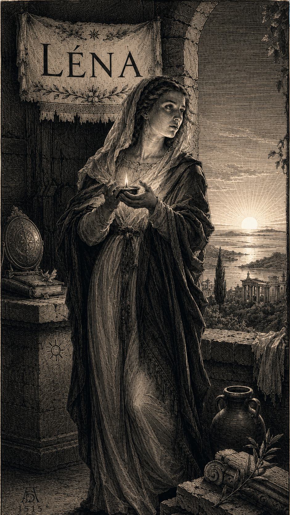 Signification du prénom Léna — gravure : la femme voilée portant la flamme face au soleil levant sur la mer
