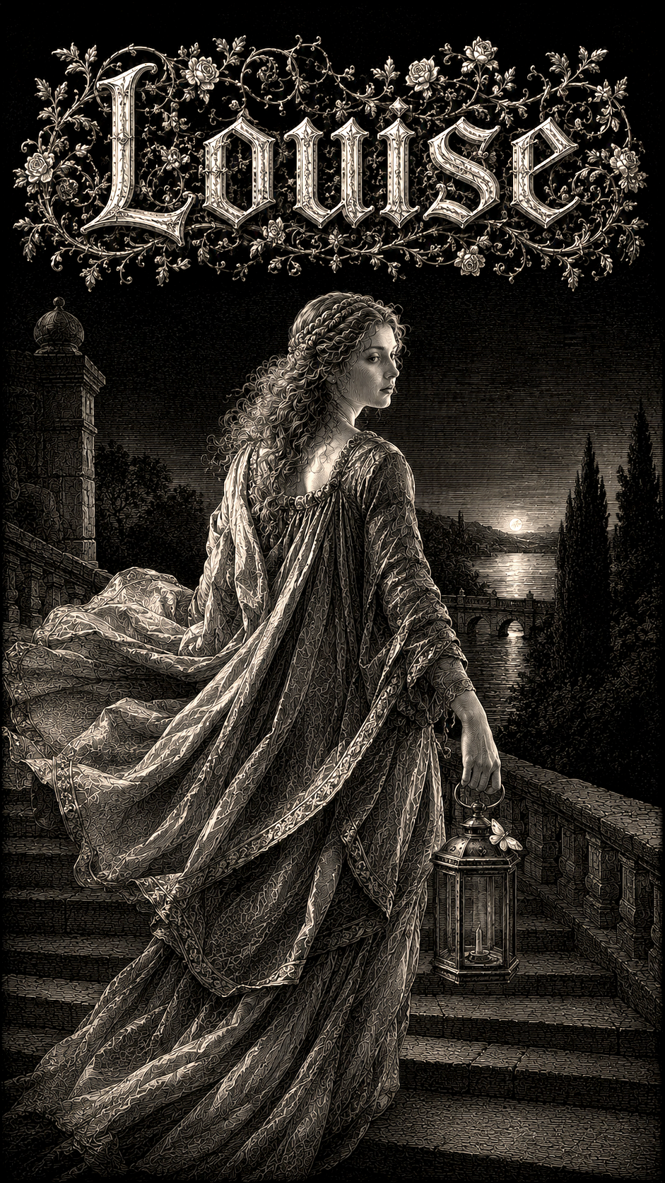 Signification du prénom Louise — gravure : la femme à la lanterne descendant l'escalier au clair de lune