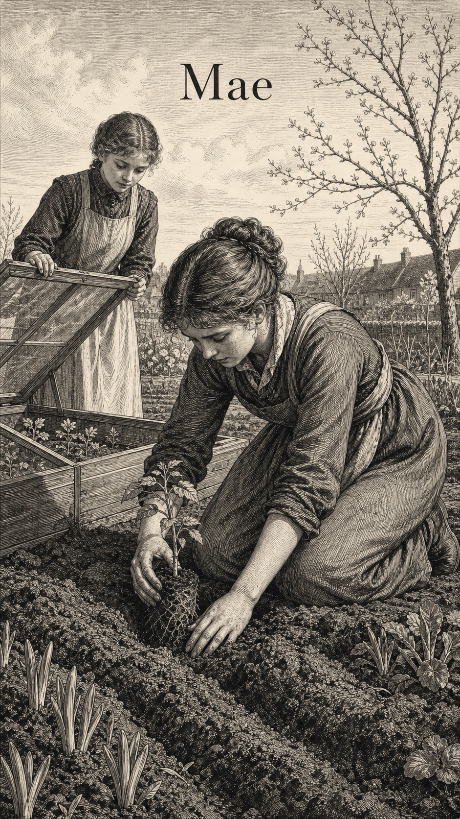 Illustration gravée du prénom Mae