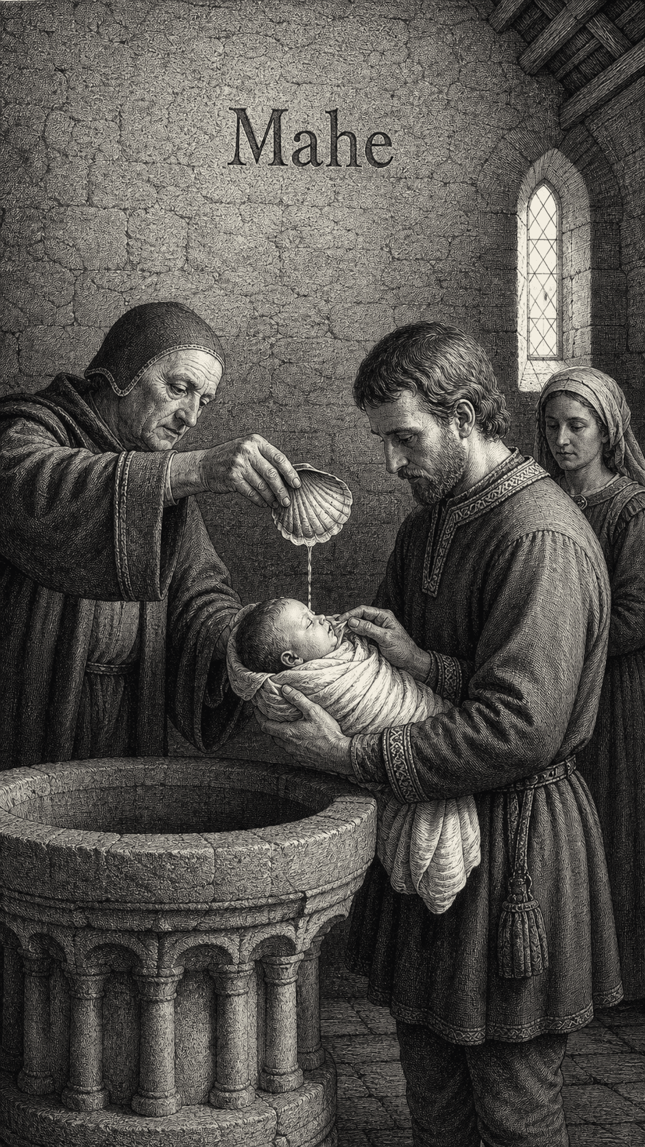 Illustration gravée du prénom Mahe