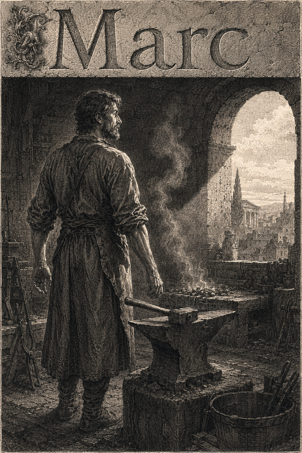 Signification du prénom Marc — gravure : le scribe au lion ailé, la plume levée sur le parchemin