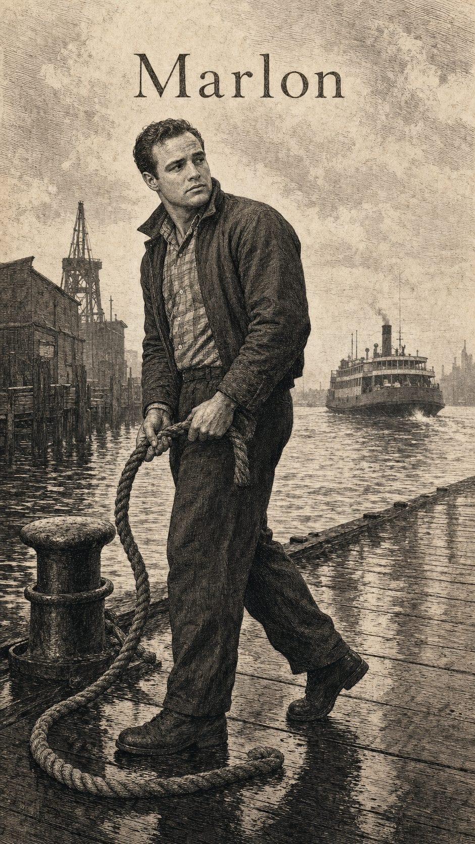 Illustration gravée du prénom Marlon