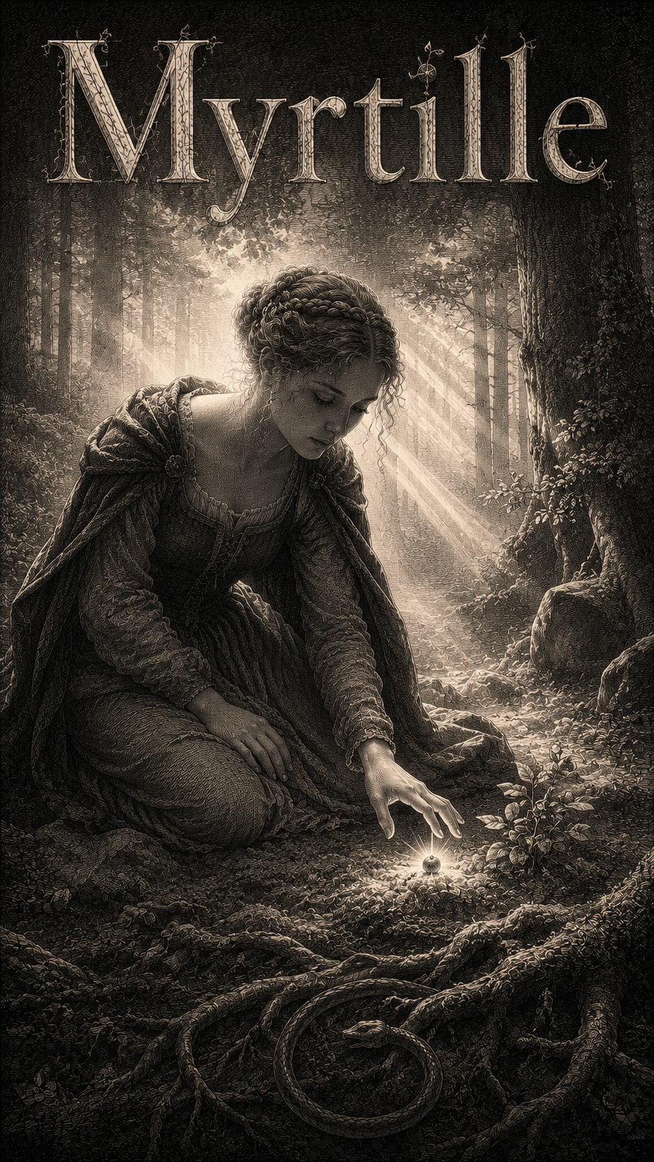 Signification du prénom Myrtille — gravure : la cueilleuse au panier dans le sous-bois, les baies à hauteur de main