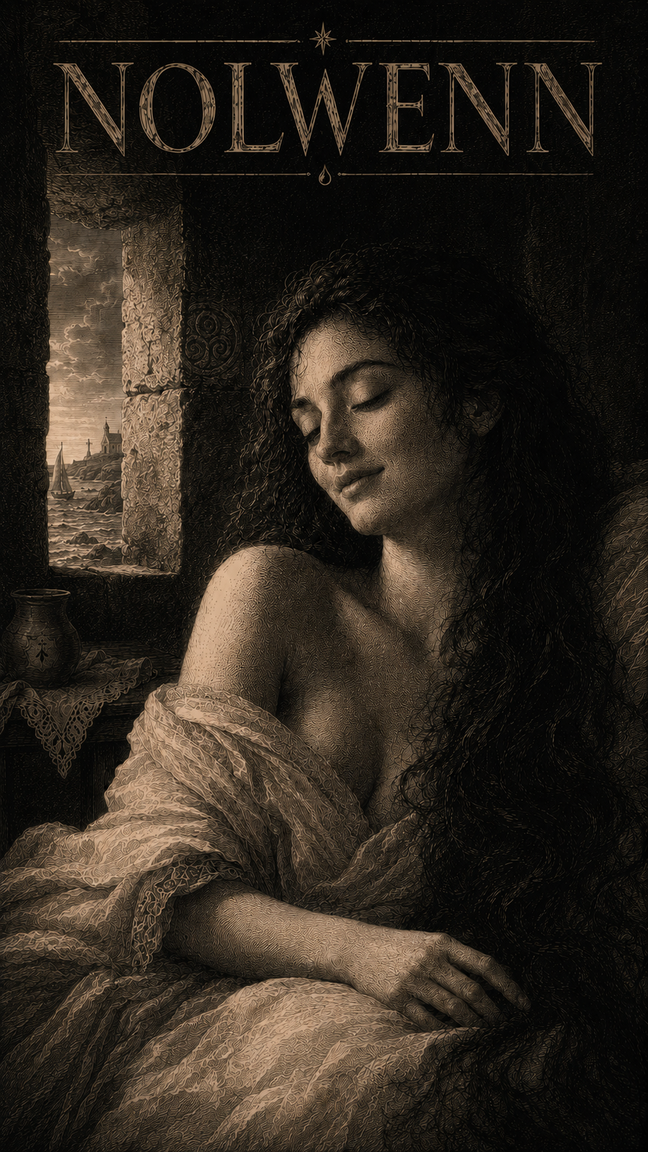Signification du prénom Nolwenn — gravure : la rêveuse à la fenêtre, la chapelle bretonne et la mer