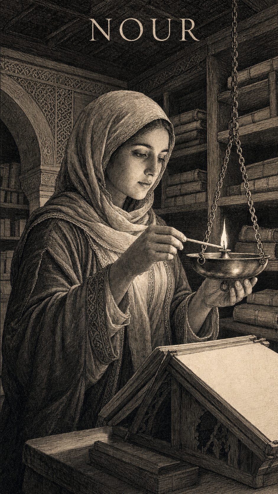 Illustration gravée du prénom Nour