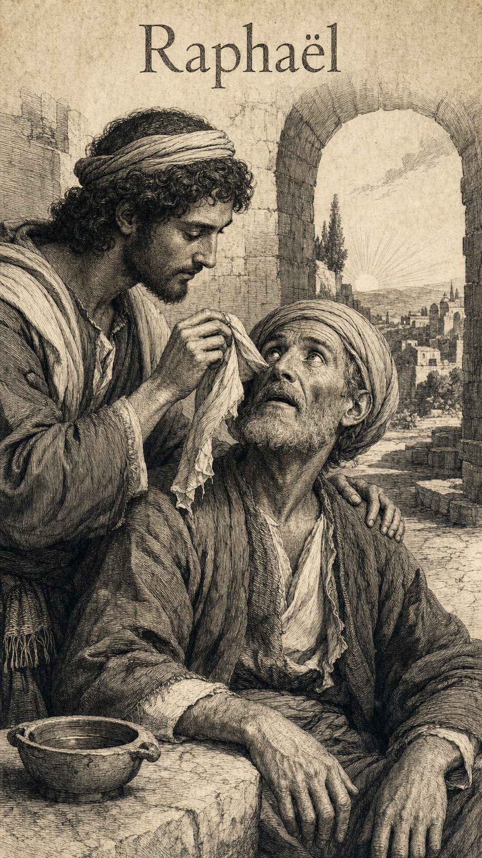 Illustration gravée du prénom Raphaël